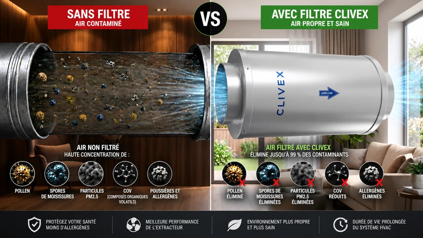 Filtre à charbon Clivex pour une filtration d'air à haute capacité contre le pollen et les allergènes