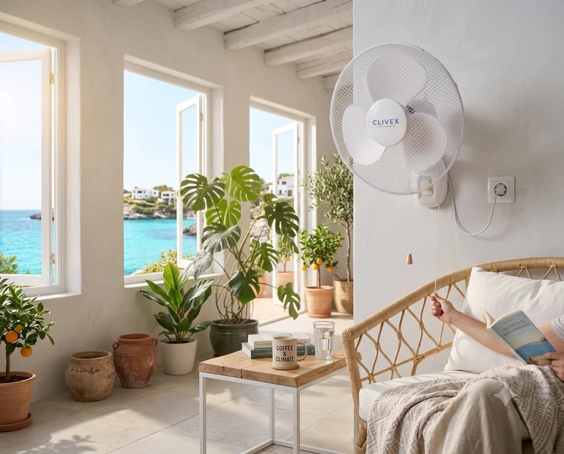Ventilateur mural Clivex installé dans un salon lumineux avec vue sur mer en pleine canicule